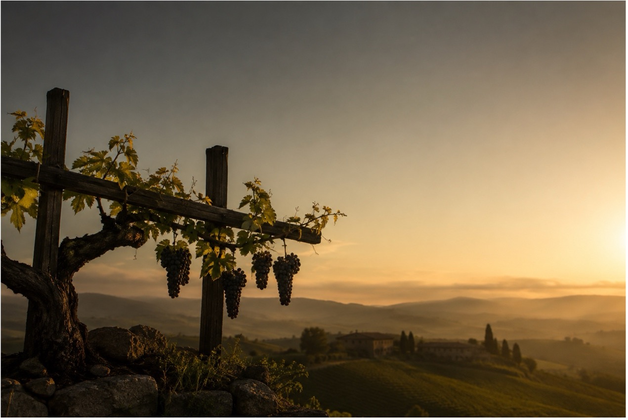 A vine bearing fruit on a trellis at sunset